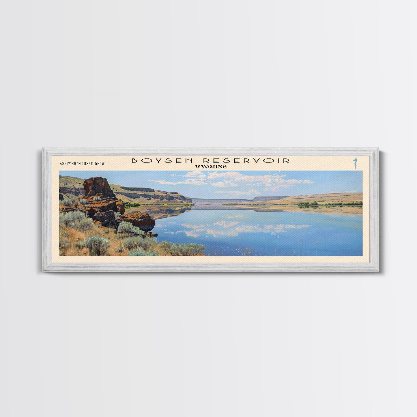 Boysen Reservoir Wyoming Framed Canvas Print, Lake House Art, Panoramic Wall Art, Travel Poster, Minimalist Lake Painting, Home Decor