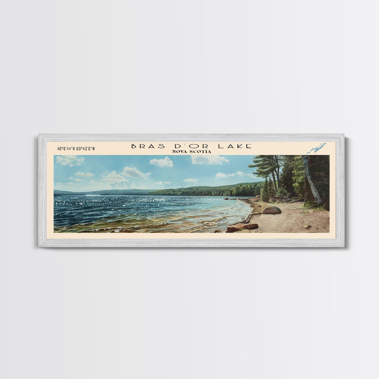 Bras d'Or Lake Framed Canvas Print, Panoramic Lake House Decor, Wall Art, Travel Poster, Rustic Lake Painting, Home Decor