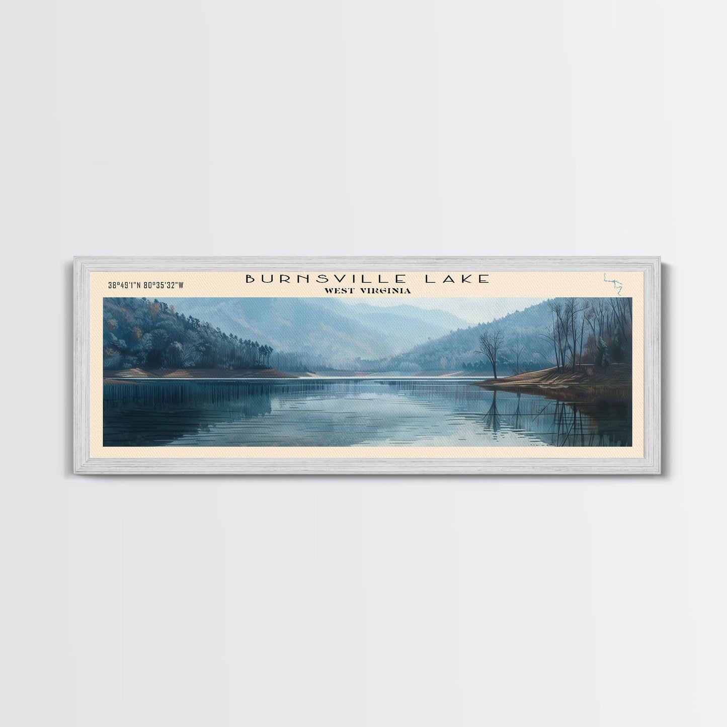 Burnsville Lake West Virginia Framed Canvas Print, Panoramic Lake House Decor, Wall Art, Travel Poster, Modern Lake Painting, Nature Art