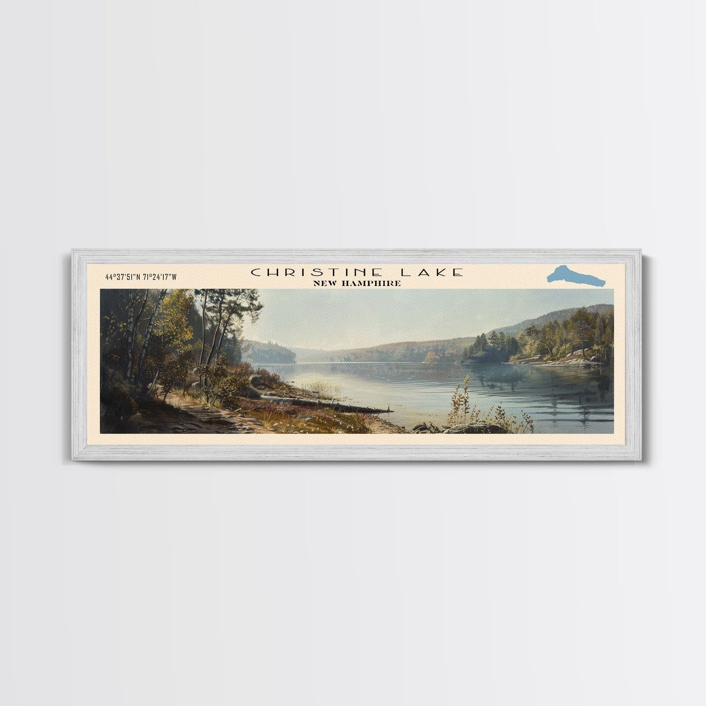 Christine Lake New Hampshire Framed Canvas Print, Lake House Art, Panoramic Wide Art, Travel Poster, Rustic Lake Painting, Home Decor