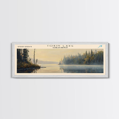 Tobin Lake Panoramic Wall Art, Framed Canvas Print, Lake House Decor, Travel Poster, Serene Landscape, Living Room Decor