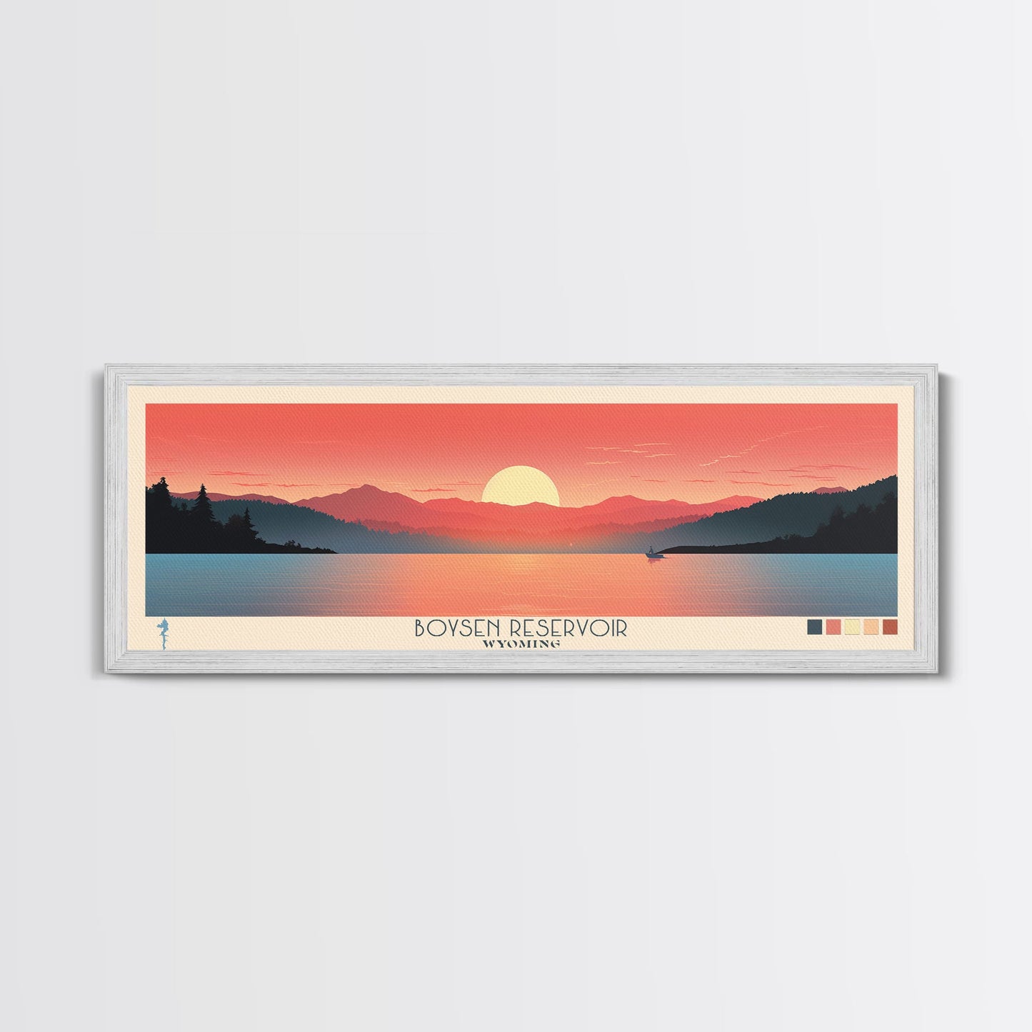 Boysen Reservoir Wyoming Framed Canvas Print, Panoramic Travel Poster, Midcentury Modern Wall Art, Pop Art, Nature Bedroom Decor, Scenic Lake House Art