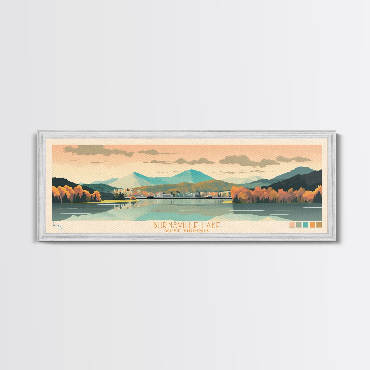 Burnsville Lake West Virginia Framed Canvas Print, Midcentury Modern Panoramic Wall Art, Living Room Decor, Pop Art, Travel Poster Art, Scenic Nature Painting
