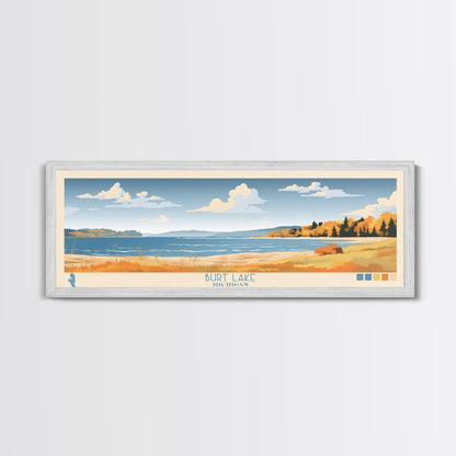 Burt Lake Michigan Framed Canvas Print, Pop Art Panoramic Travel Poster, Midcentury Modern, Wall Art, Scenic Nature Painting, Bedroom Decor