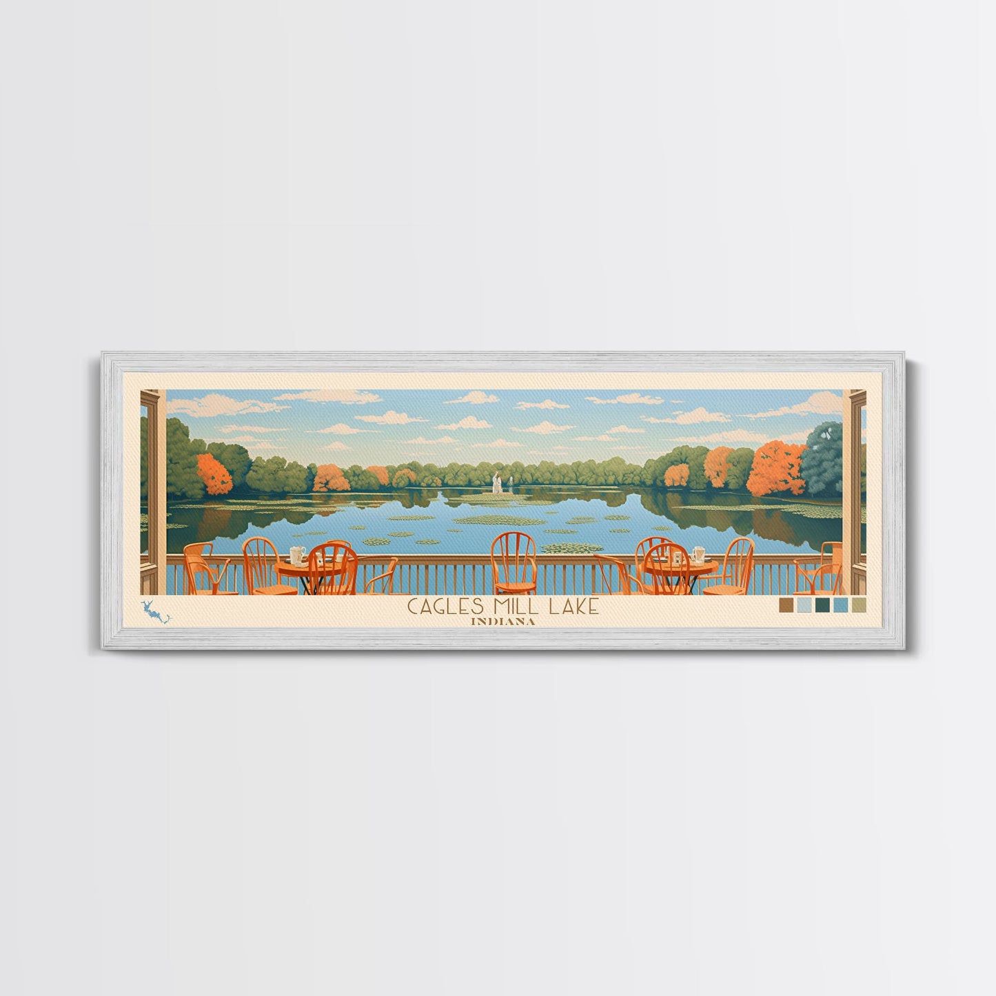 Cagles Mill Lake Indiana Framed Canvas Print, Midcentury Modern Panoramic Wall Art, Living Room Decor, Pop Art, Travel Poster Art, Scenic Nature Painting