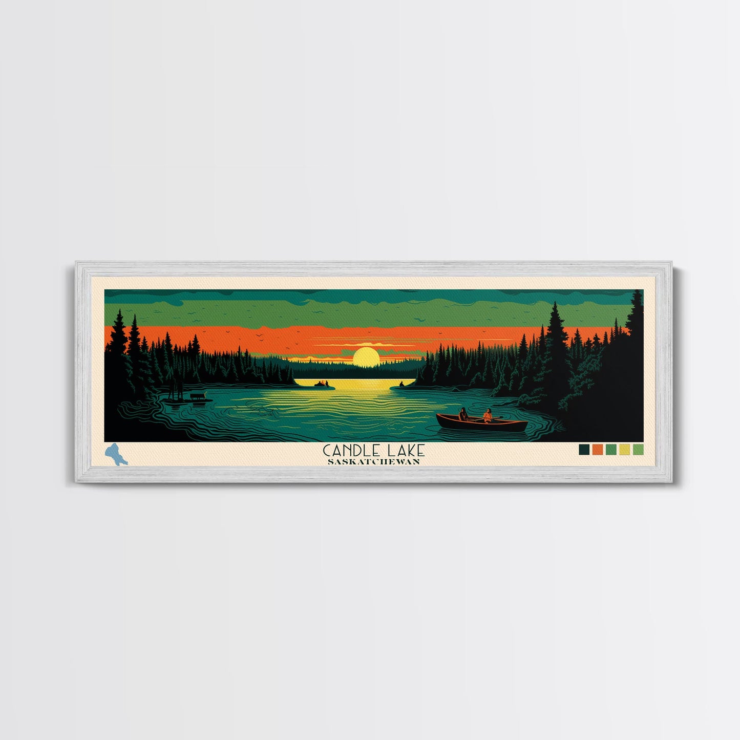 Candle Lake Saskatchewan Framed Canvas Print, Midcentury Modern Panoramic Wall Art, Living Room Decor, Pop Art, Travel Poster Art, Scenic Nature Painting