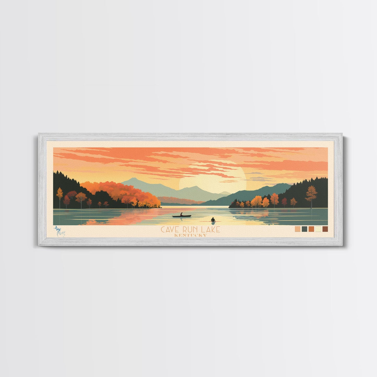 Cave Run Lake Kentucky Framed Canvas Print, Midcentury Modern Panoramic Wall Art, Living Room Decor, Pop Art, Travel Poster Art, Nature Art, Lake House Decor