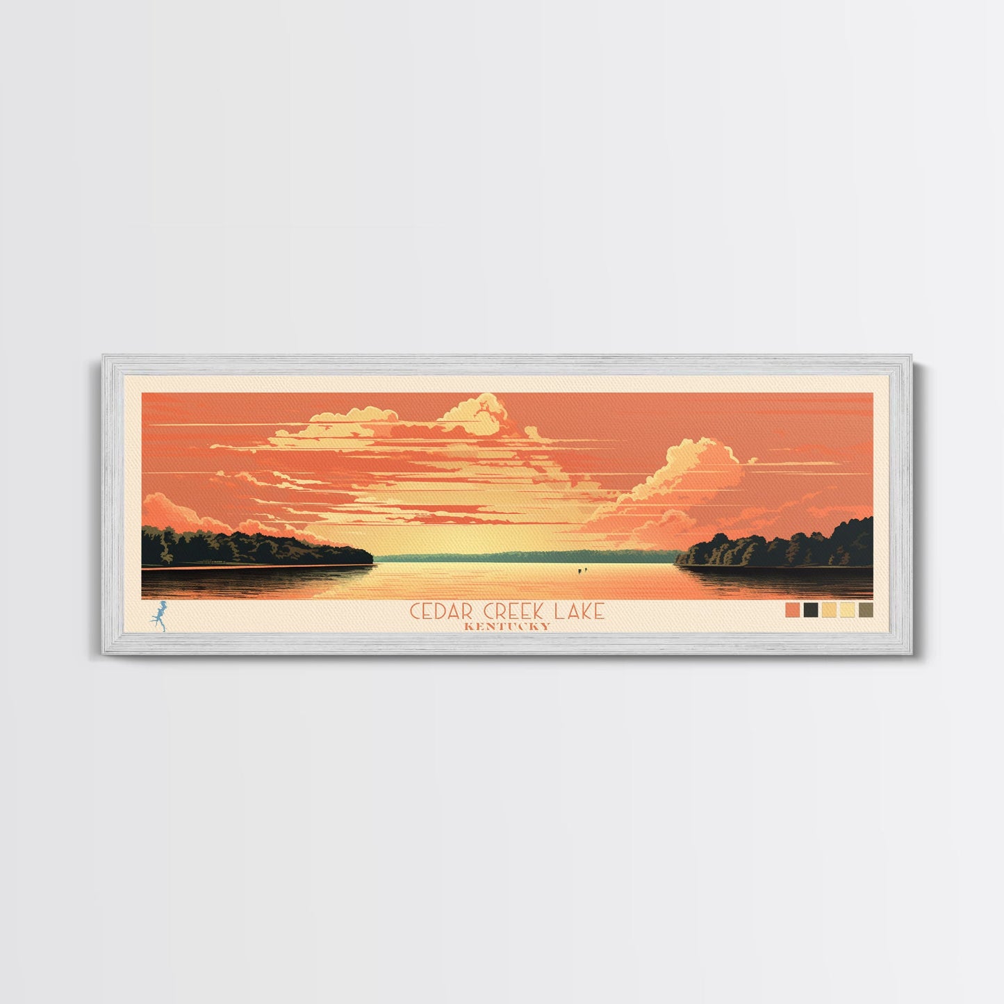Cedar Creek Lake Kentucky Framed Canvas Print, Midcentury Modern Panoramic Wall Art, Living Room Decor, Pop Art, Travel Poster Art, Scenic Nature Painting, Lake House Decor