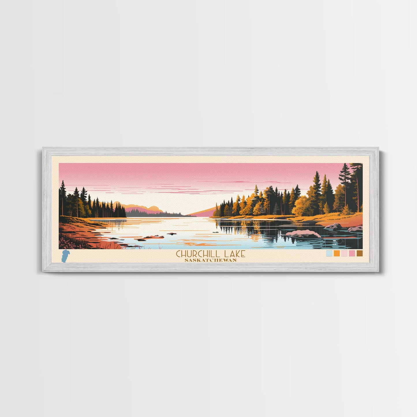 Churchill Lake Saskatchewan Framed Canvas Print, Midcentury Modern Panoramic Wall Art, Living Room Decor, Pop Art, Travel Poster Art, Scenic Nature Painting, Lake House Decor