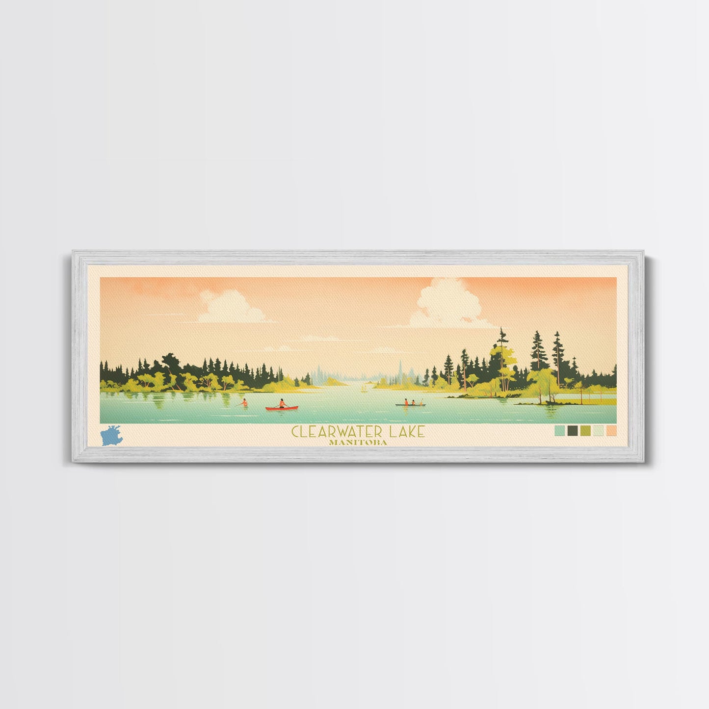 Clearwater Lake Manitoba Framed Canvas Print, Midcentury Modern Panoramic Wall Art, Living Room Decor, Pop Art, Travel Poster Art, Scenic Nature Painting, Lake House Decor