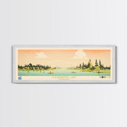 Clearwater Lake Manitoba Framed Canvas Print, Midcentury Modern Panoramic Wall Art, Living Room Decor, Pop Art, Travel Poster Art, Scenic Nature Painting, Lake House Decor