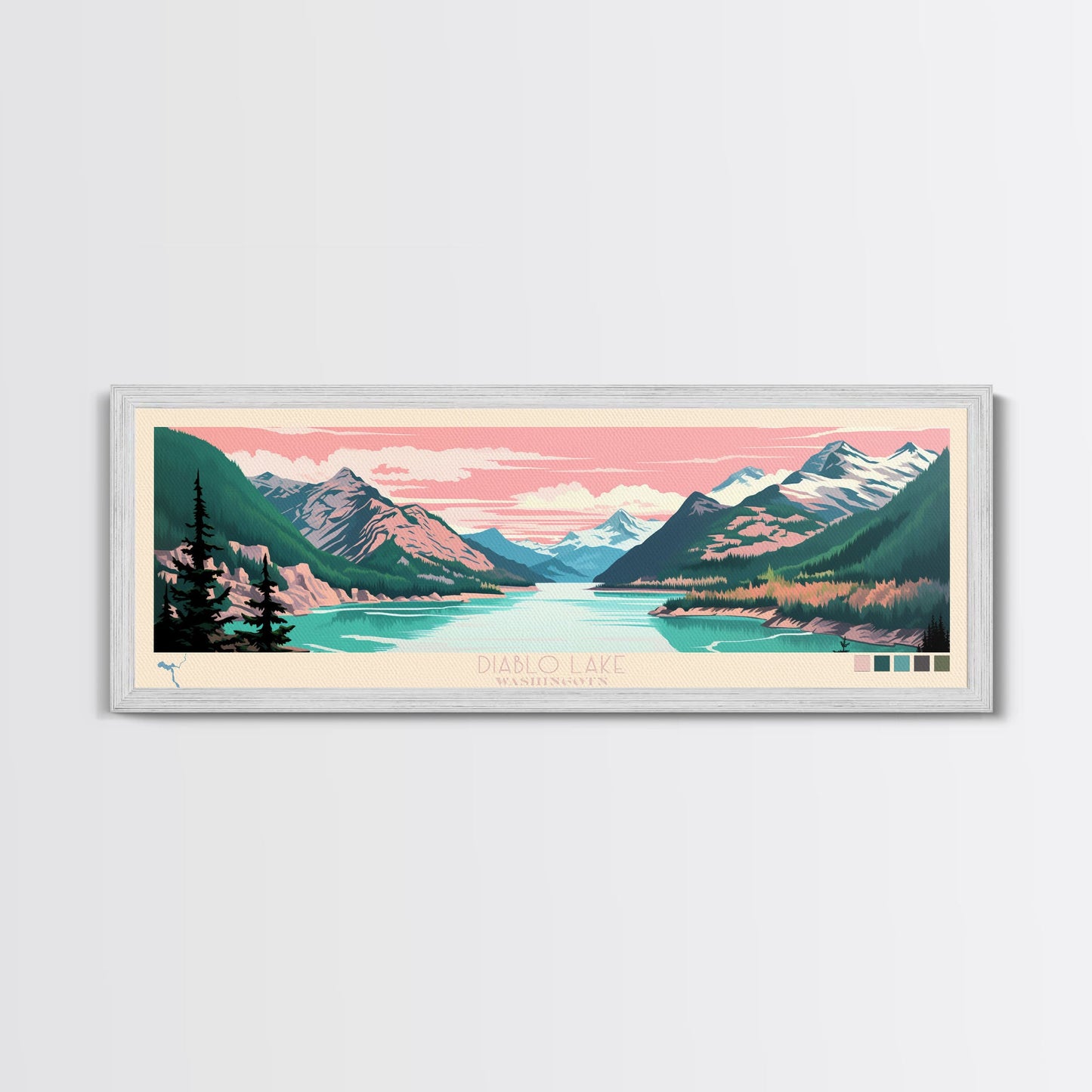 Diablo Lake Washington Framed Canvas Print, Midcentury Modern Panoramic Wall Art, Bedroom Decor, Pop Art, Travel Poster Art, Scenic Nature Painting