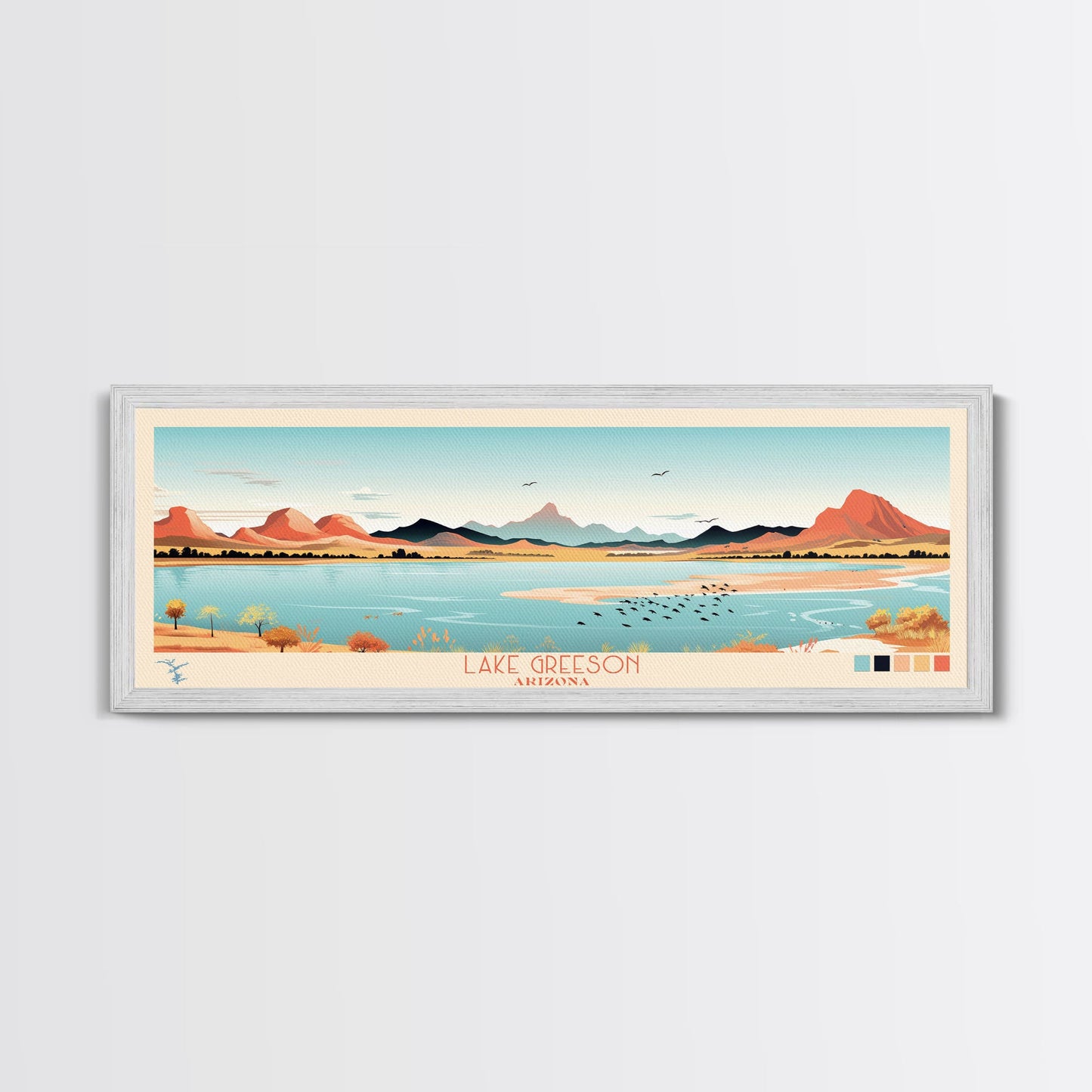 Leinwanddruck „Lake Greenson, Arizona“ mit Rahmen, Panorama-Wandbild, Midcentury Modern, Pop Art, Wohnzimmerdekoration, Reiseposter, Schlafzimmerkunst