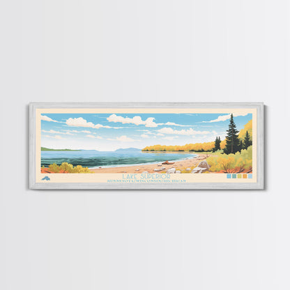 Lake Superior MinnesotaWisconsinMichigan Framed Canvas Print, Panoramic Wall Art, Midcentury Modern, Pop Art, Living Room Decor, Travel Poster, Lake House Art