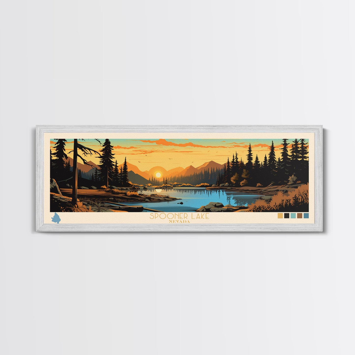 Spooner Lake, Nevada Framed Canvas Print, Lake House Decor, Midcentury Modern Art, Pop Art, Travel Poster, Bedroom Wall Art