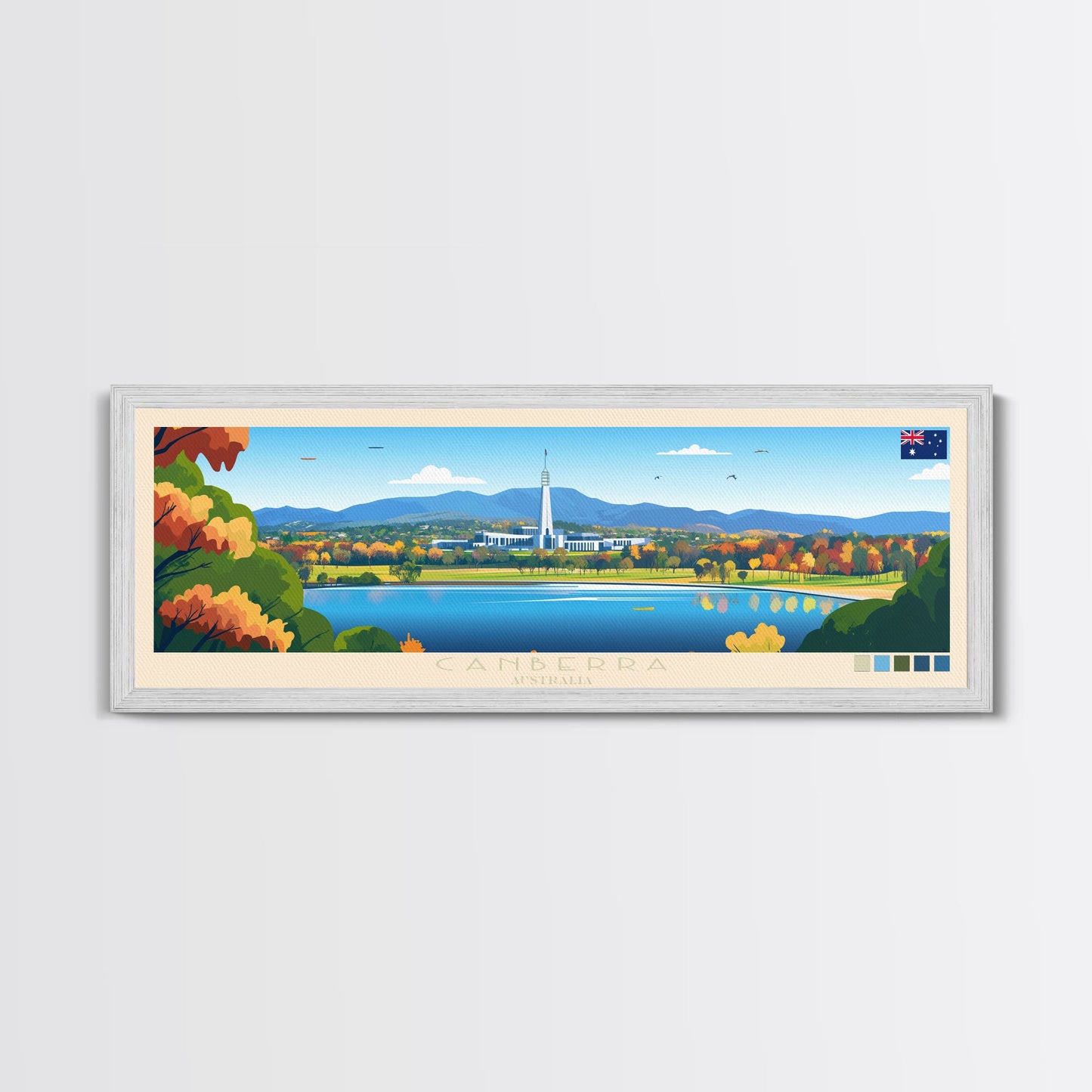 Canberra, Australia Panoramic Travel Poster Canvas Print, Canberra, Australia Painting, Australia Art, Canberra Travel Art, Guest Room Painting