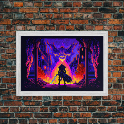 8 bit Pixel art, RPG video game concept art, Paladin faces the Dragon, synthwave style, framed canvas print