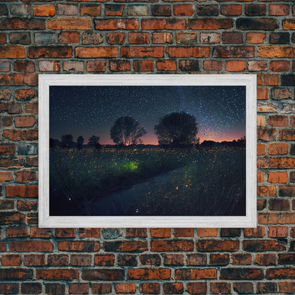 Fireflies light up the Oklahoma Prairie under a Starry night sky, framed canvas print