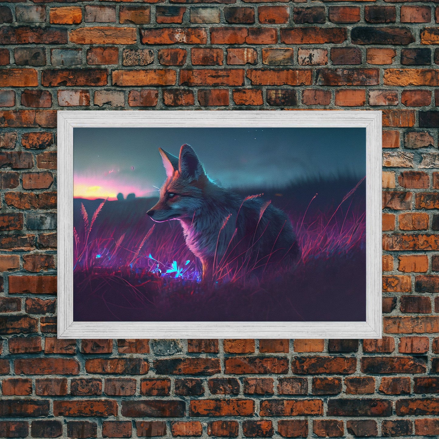Cute animal prints, vaporwave fox hunting in the tall grass, framed canvas print
