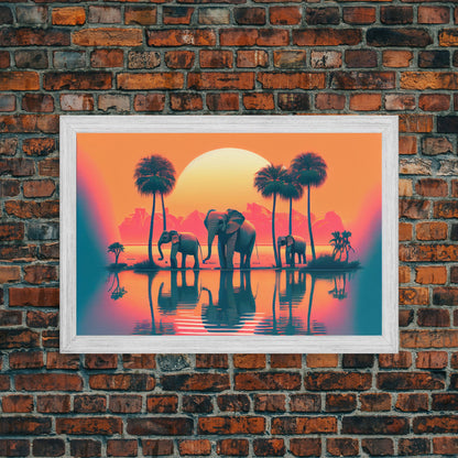 Sun beading down on a family of Elephants, framed canvas print