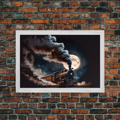 Steampunk Wild West Decor, Steam Train at Midnight, Framed Canvas Print