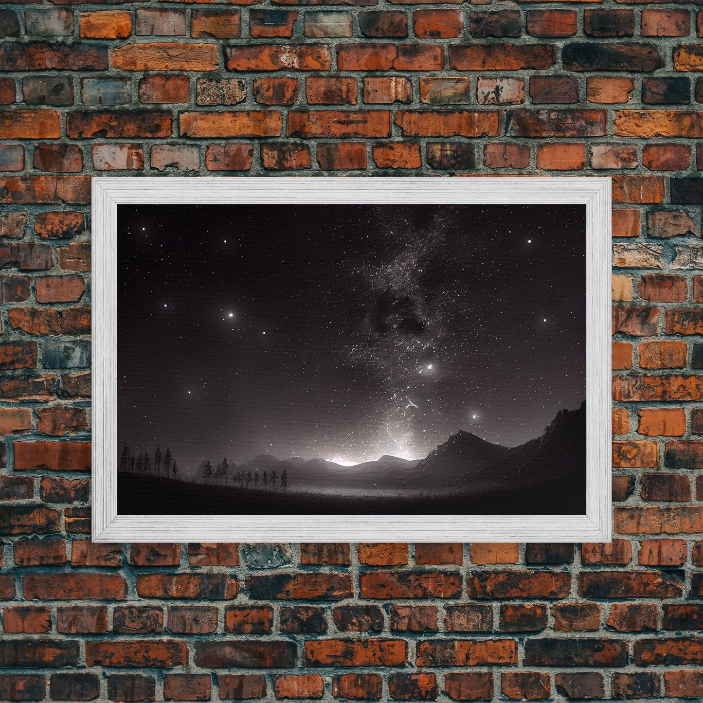 Black and white Watercolor of a starry night sky over a pine forest, framed canvas print
