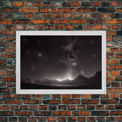 Black and white Watercolor of a starry night sky over a pine forest, framed canvas print