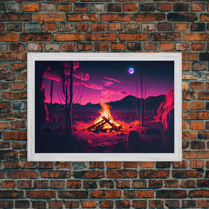 Primitive Art, Campfire Painting Print, Framed Canvas Print, Synthwave Farmhouse Decor