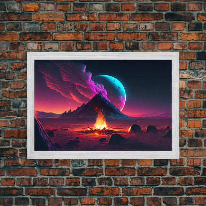 Campfire under a Full Moon, Framed canvas print, retro synthwave / outrun style primitive home decor