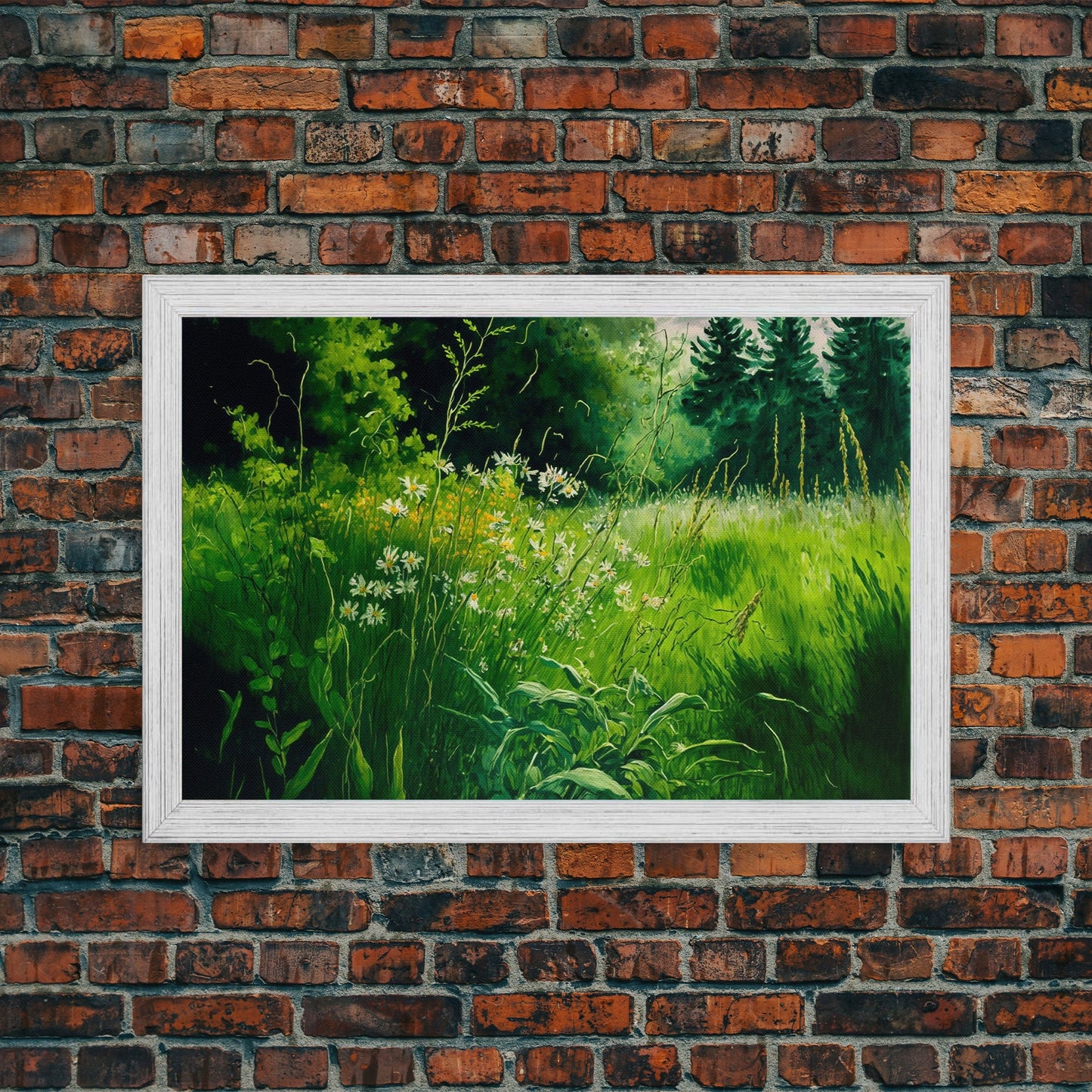 Beautiful field of wildflowers, Emerald green watercolor, framed canvas print, living room wall decor