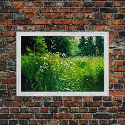 Beautiful field of wildflowers, Emerald green watercolor, framed canvas print, living room wall decor