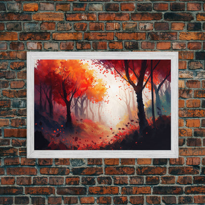Autumn in the forest, orange and red leaves, framed canvas print, watercolor painting print on canvas, colorful wall art