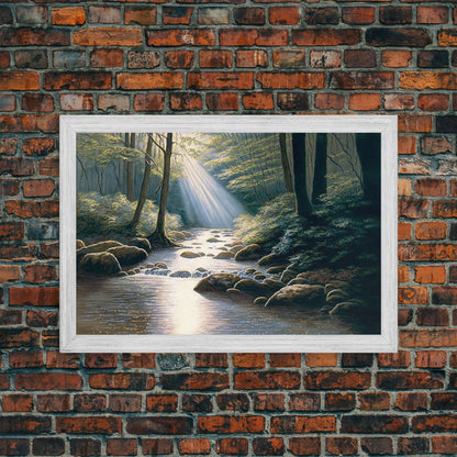 Colorful Watercolor Art, Framed Canvas Print, unique wall art, framed wall art, Landscape watercolor, Beams of Sunlight piercing the canopy