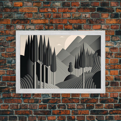 Art Deco Style Greyscale Landscape, Monochromatic Drab and Dreary art, framed canvas print, large format art