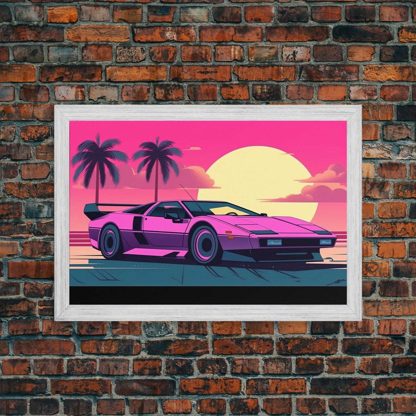 Classic sport car Wall Art, Framed Canvas Print, Guest room art, Beautiful sunset, Synthwave Style, Pink Colors, Pop Art Style, Tropical art