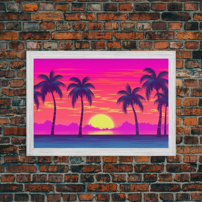 Beach sunset Wall Art, Framed Canvas Print, Colorful painting, Vibrant art, Synthwave Style, Warm Colors, Pop Art style, Tropical art