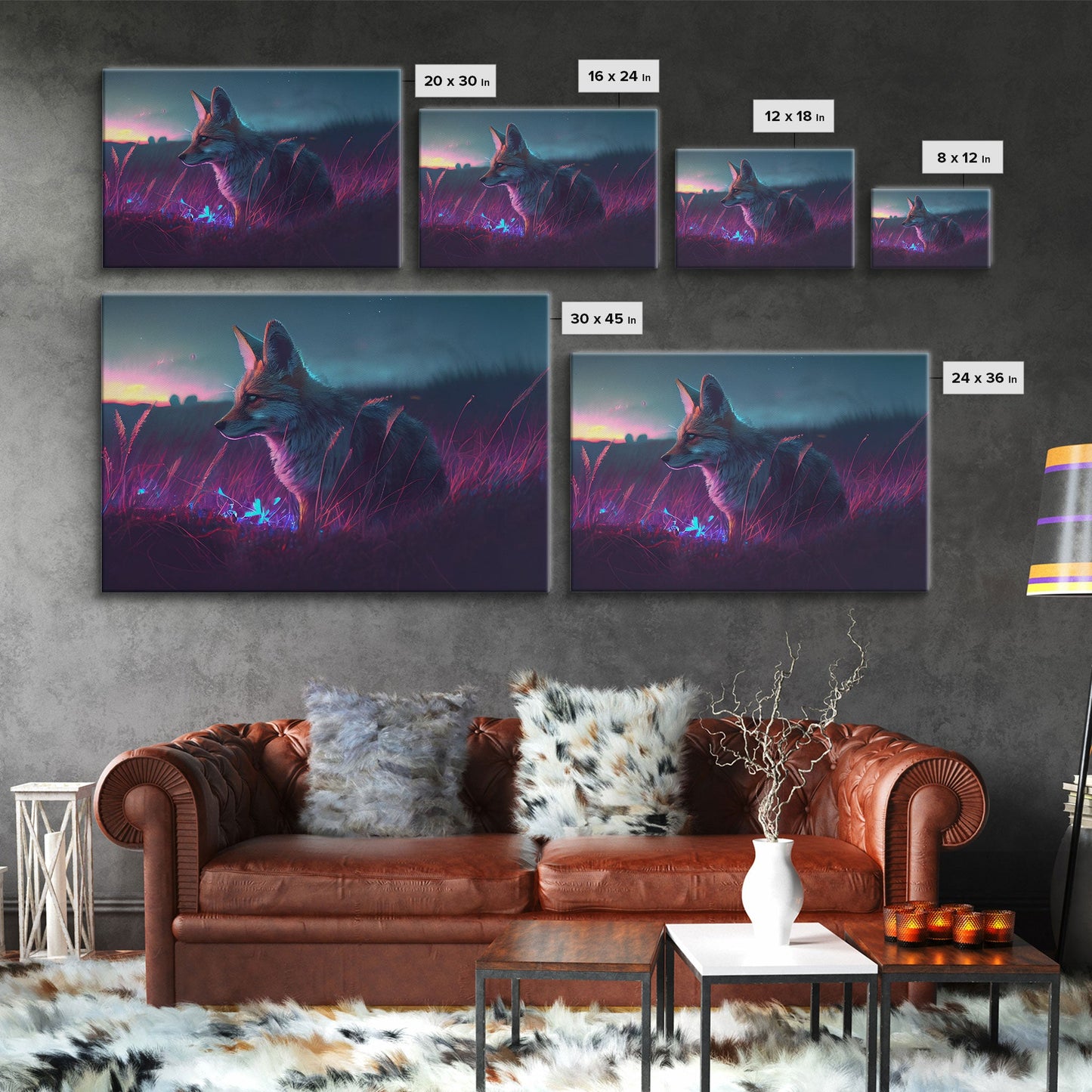 Cute animal prints, vaporwave fox hunting in the tall grass, framed canvas print