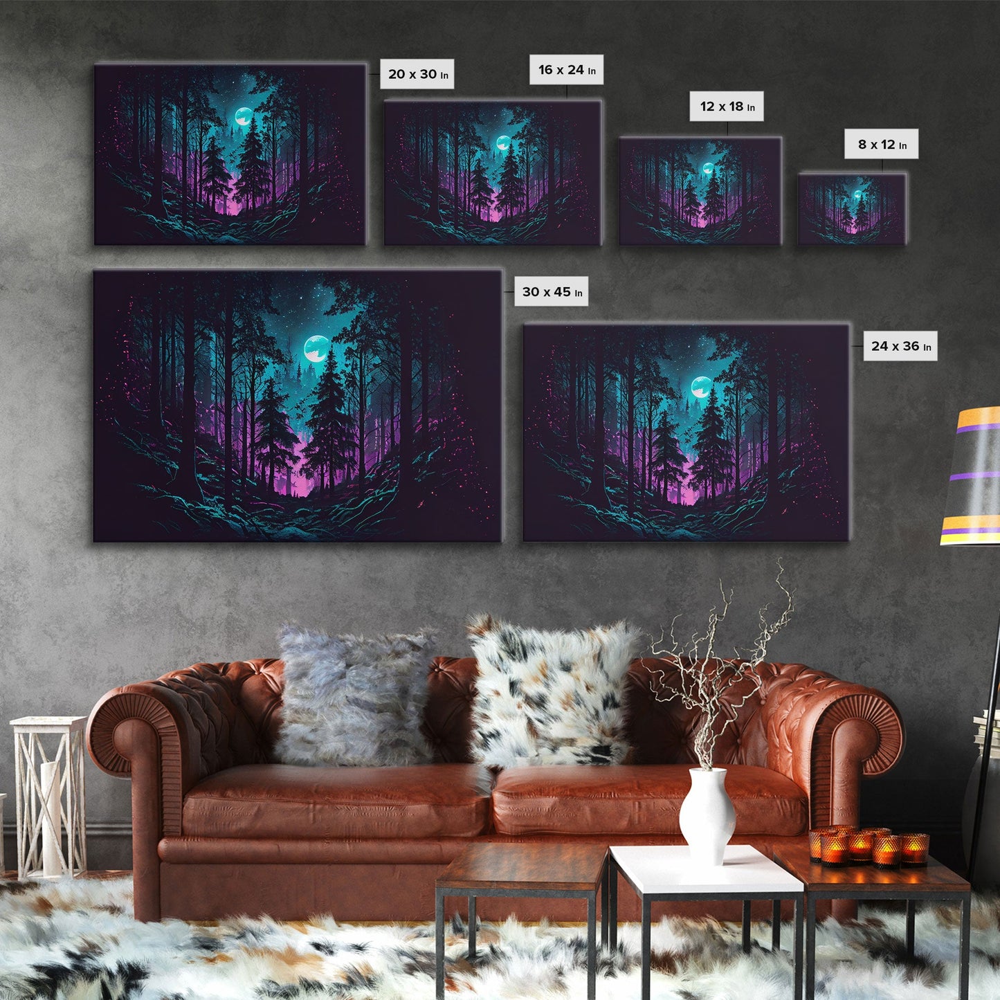 Turquoise and violet fantasy forest, aesthetic, framed canvas print