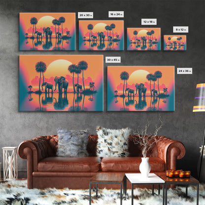 Sun beading down on a family of Elephants, framed canvas print