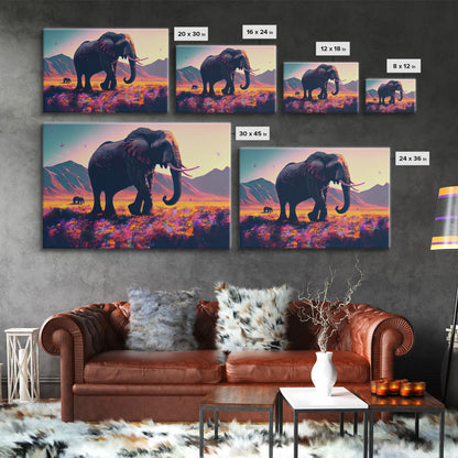 Elephants of Africa, Vibrant and colorful landscape, vaporwave, framed canvas print