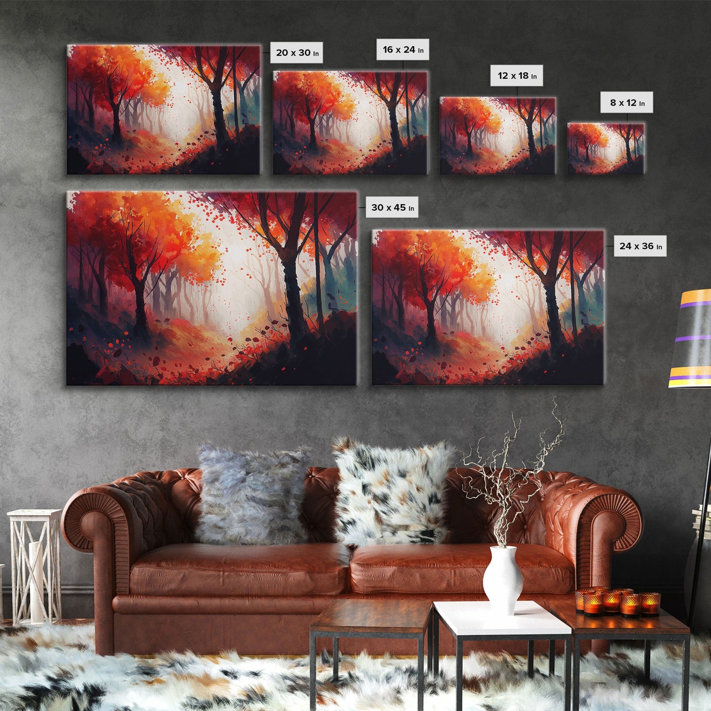 Autumn in the forest, orange and red leaves, framed canvas print, watercolor painting print on canvas, colorful wall art