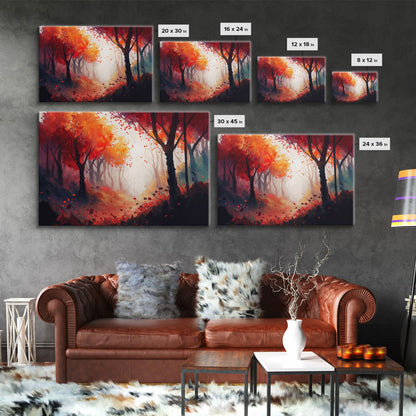 Autumn in the forest, orange and red leaves, framed canvas print, watercolor painting print on canvas, colorful wall art