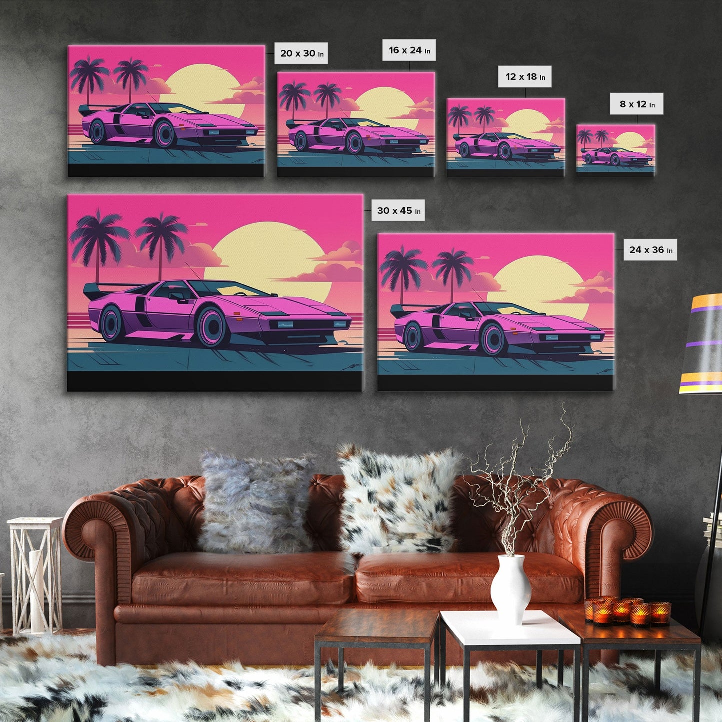 Classic sport car Wall Art, Framed Canvas Print, Guest room art, Beautiful sunset, Synthwave Style, Pink Colors, Pop Art Style, Tropical art
