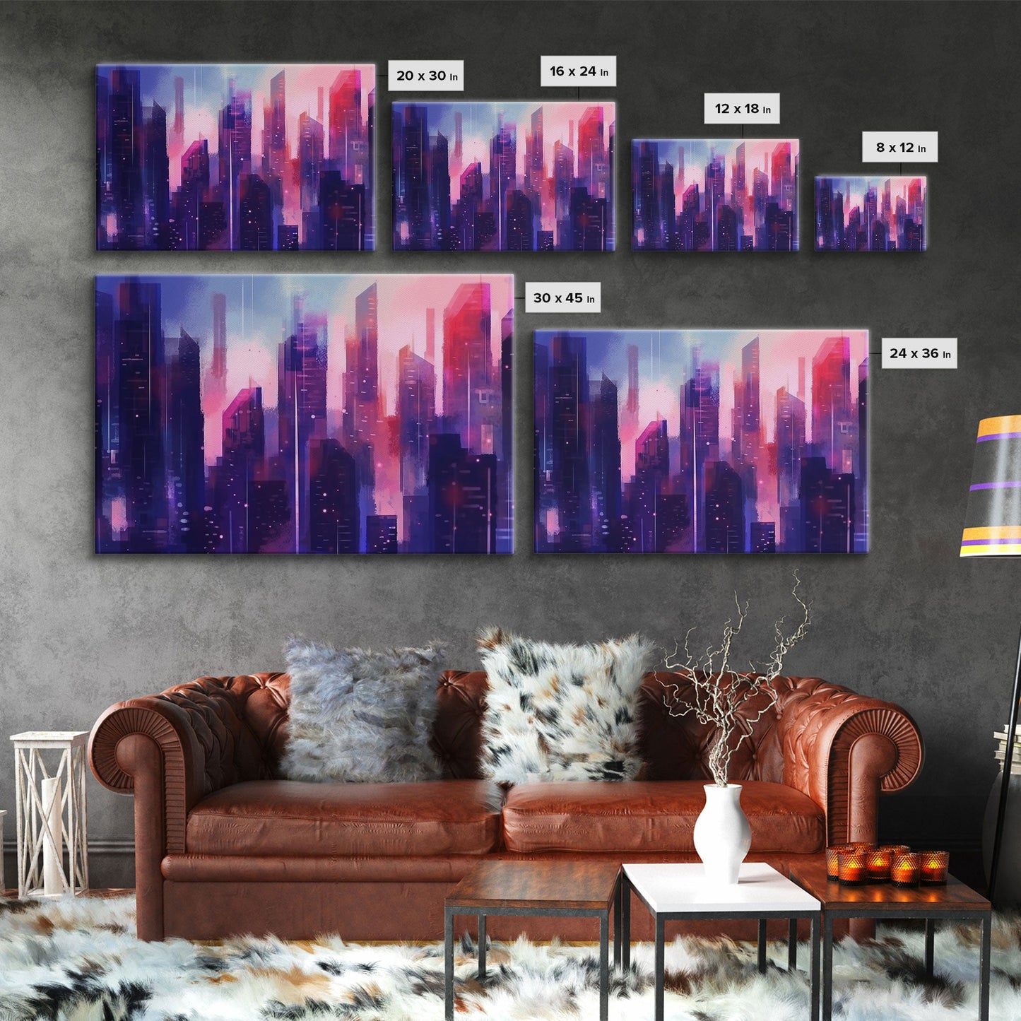Buildings Wall Art - Framed Canvas Print - Original painting - Vaporwave Style - Watercolor colors - Pop Art Style - Living room art