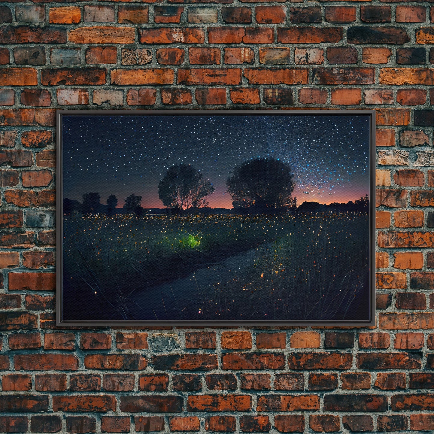 Fireflies light up the Oklahoma Prairie under a Starry night sky, framed canvas print
