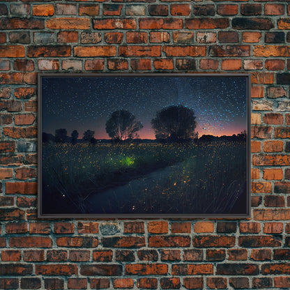 Fireflies light up the Oklahoma Prairie under a Starry night sky, framed canvas print