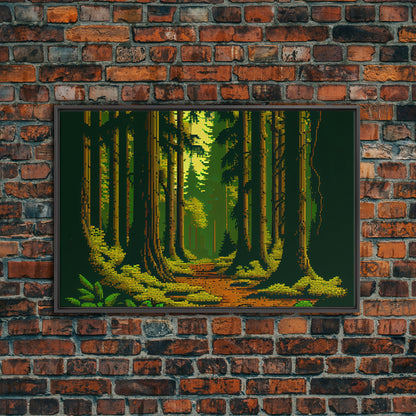 Among The Tall Trees, Beautiful forest 8 bit pixel art, framed canvas print, game room art