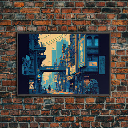 8 bit pixel art cyber punk city, video game concept art, framed canvas print, game room art