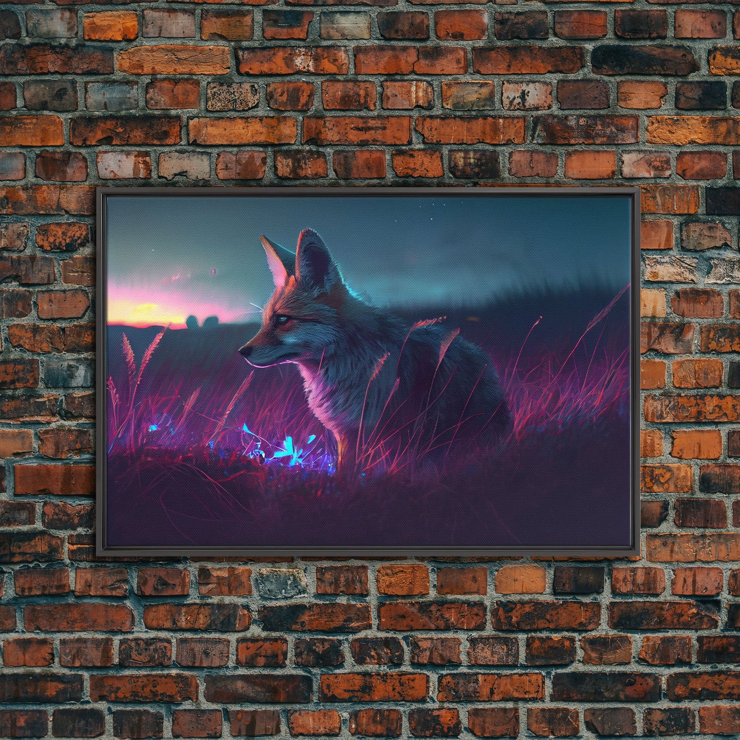 Cute animal prints, vaporwave fox hunting in the tall grass, framed canvas print