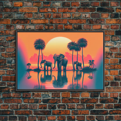 Sun beading down on a family of Elephants, framed canvas print